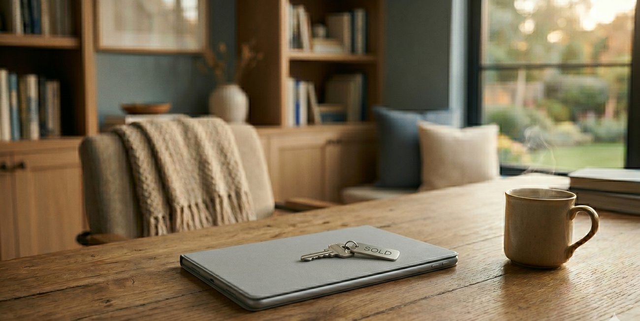 House keys with a SOLD tag and a coffee mug on a wood table in a warm, sunlit room
