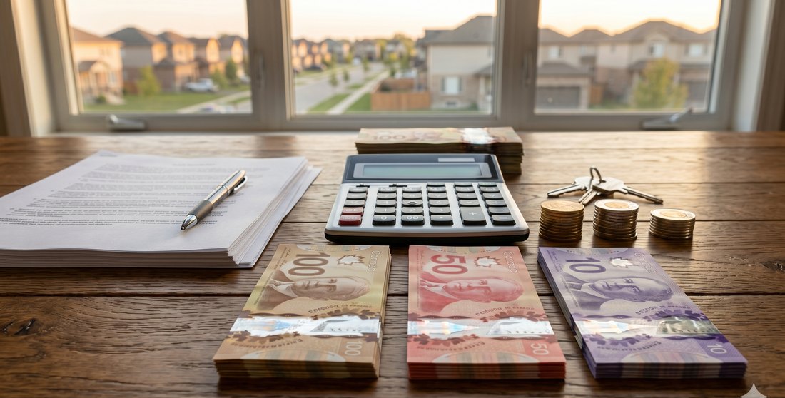 A calculator, stacks of Canadian cash, coins and house keys on a wood table by a window