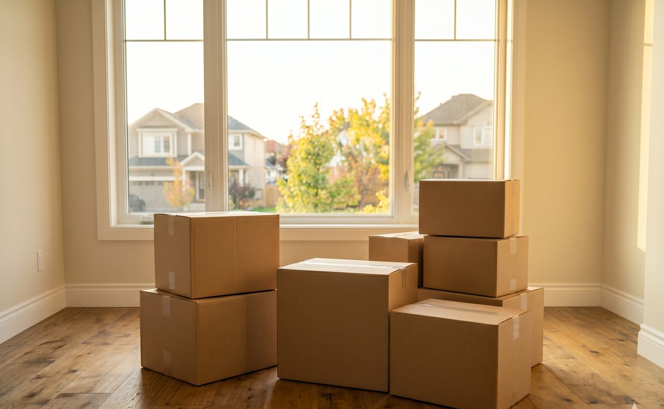 Neatly packed moving boxes in a bright, empty room with a suburban view