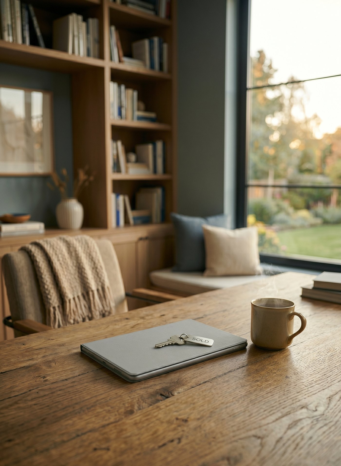 House keys with a SOLD tag and a steaming mug of coffee on a wood table in a warm, sunlit home