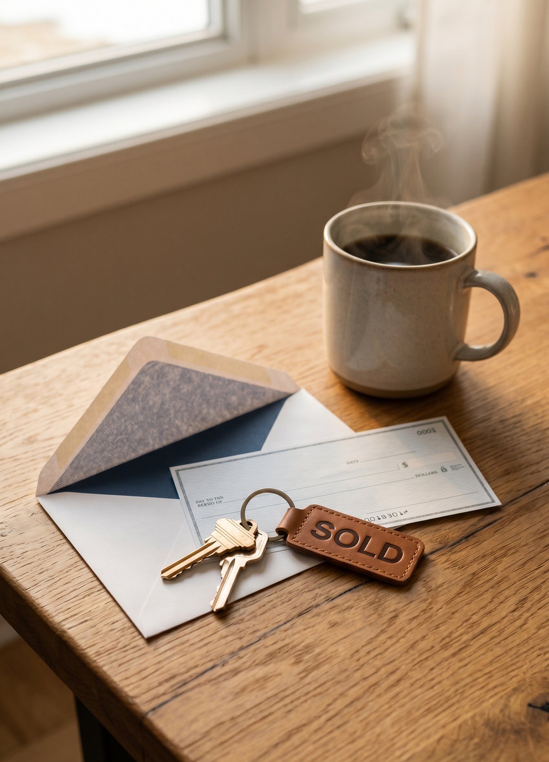 House keys with a SOLD tag beside a cheque, envelope and a steaming mug of coffee on a wood table